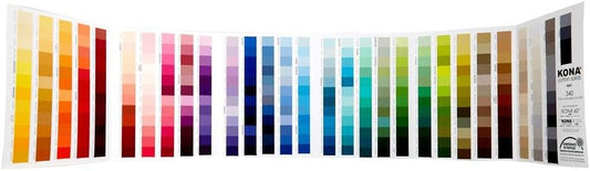 Robert Kaufman Kona Cotton Solids Color Card displaying a fold-out grid of real cotton fabric swatches covering the full range of Kona solid colors.
