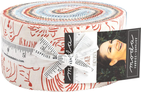 Moda Fabrics Dog Daze Jelly Roll by Stacy Iest Hsu showing 40 rolled precut 2.5in quilting cotton strips with playful dog novelty prints

