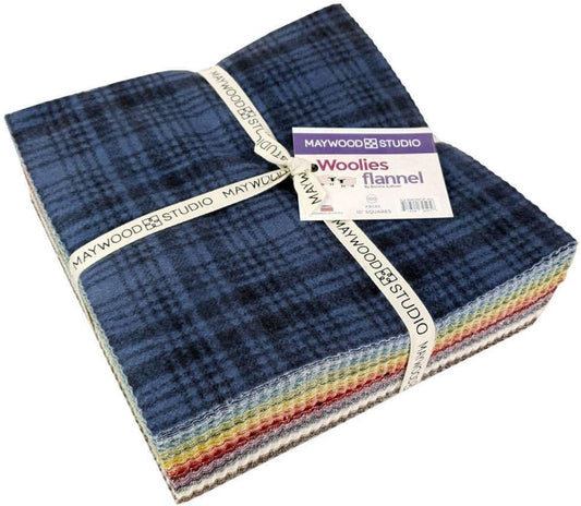 Maywood Studio Woolies Flannel 10 inch squares complete set with 100 stacked flannel layer cake pieces in assorted plaid and textured wool-look prints
