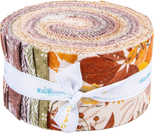 Riley Blake Evening on the Prairie 2.5in quilting cotton strip bundle, 40 coordinated floral and blender prints in warm prairie colors arranged in a stack
