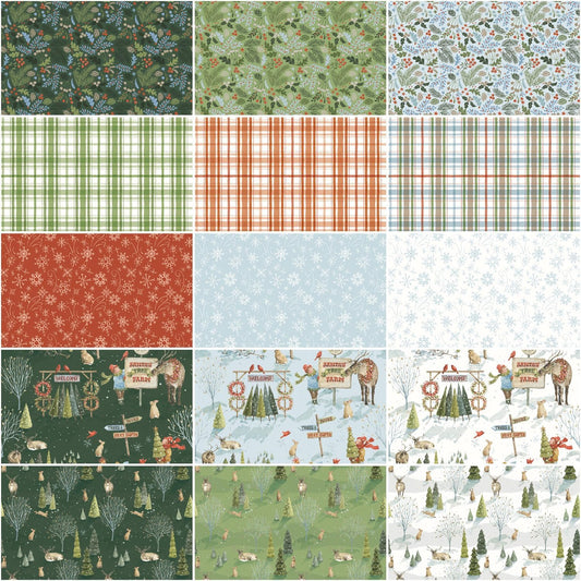 Riley Blake Lisa Audit Santa's Tree Farm Rolie Polie with 40 Christmas 2.5 inch quilting strips in red, green, and snowy tree farm prints
