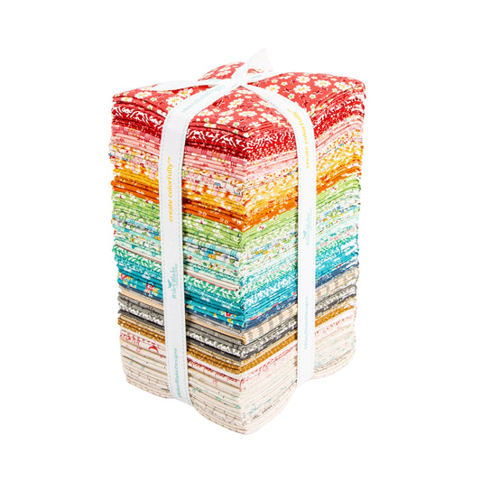 Riley Blake Farmer’s Daughter fat quarter bundle with coordinating farmhouse and country-style prints stacked together for quilting and sewing projects.

