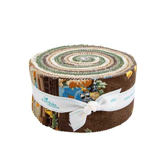 Riley Blake Friends of Smokey Bear jelly roll strips bundle with woodland prints featuring Smokey Bear and forest-themed quilting fabric.

