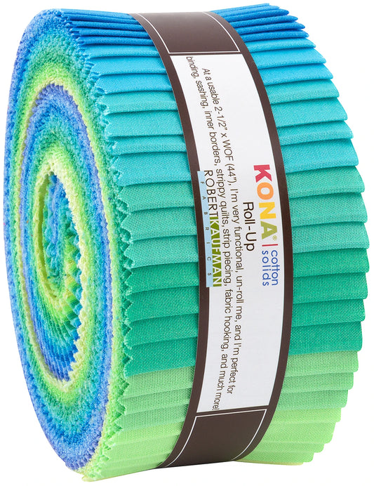 Kona Cotton Mermaid Shores Palette jelly roll strips bundle showing ocean-inspired solid colors in a coordinated roll for quilting and sewing projects.

