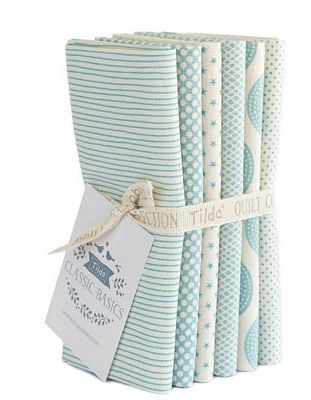 Tilda Basic Classics light blue fat quarter bundle with 6 assorted striped, dotted, and star prints for quilting and sewing