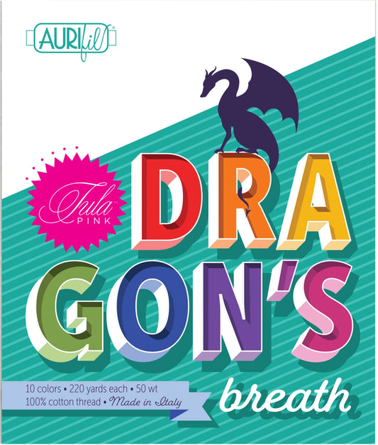 Aurifil Dragon’s Breath by Tula Pink 10-spool 50wt cotton thread collection with colorful spools and dragon artwork packaging
