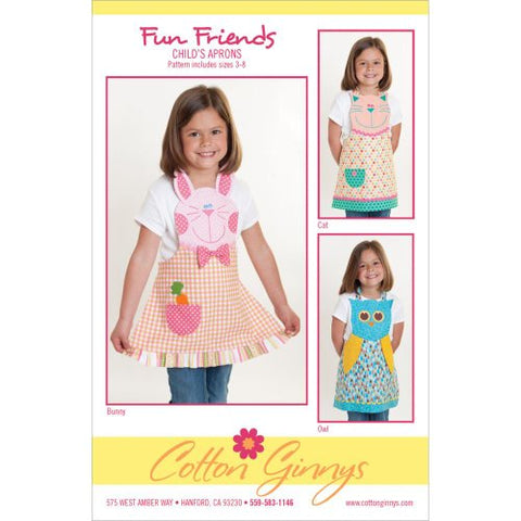 Cotton Ginnys Child's Apron Pattern - Fun Friends (Rabbit, Cat & Owl)